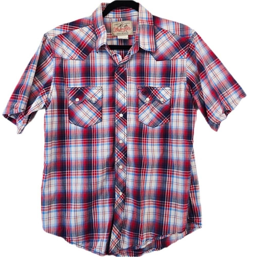 Vtg Wrangler Western Shirt Mens Medium Plaid Short Sleeve Cowboy Rodeo Red White